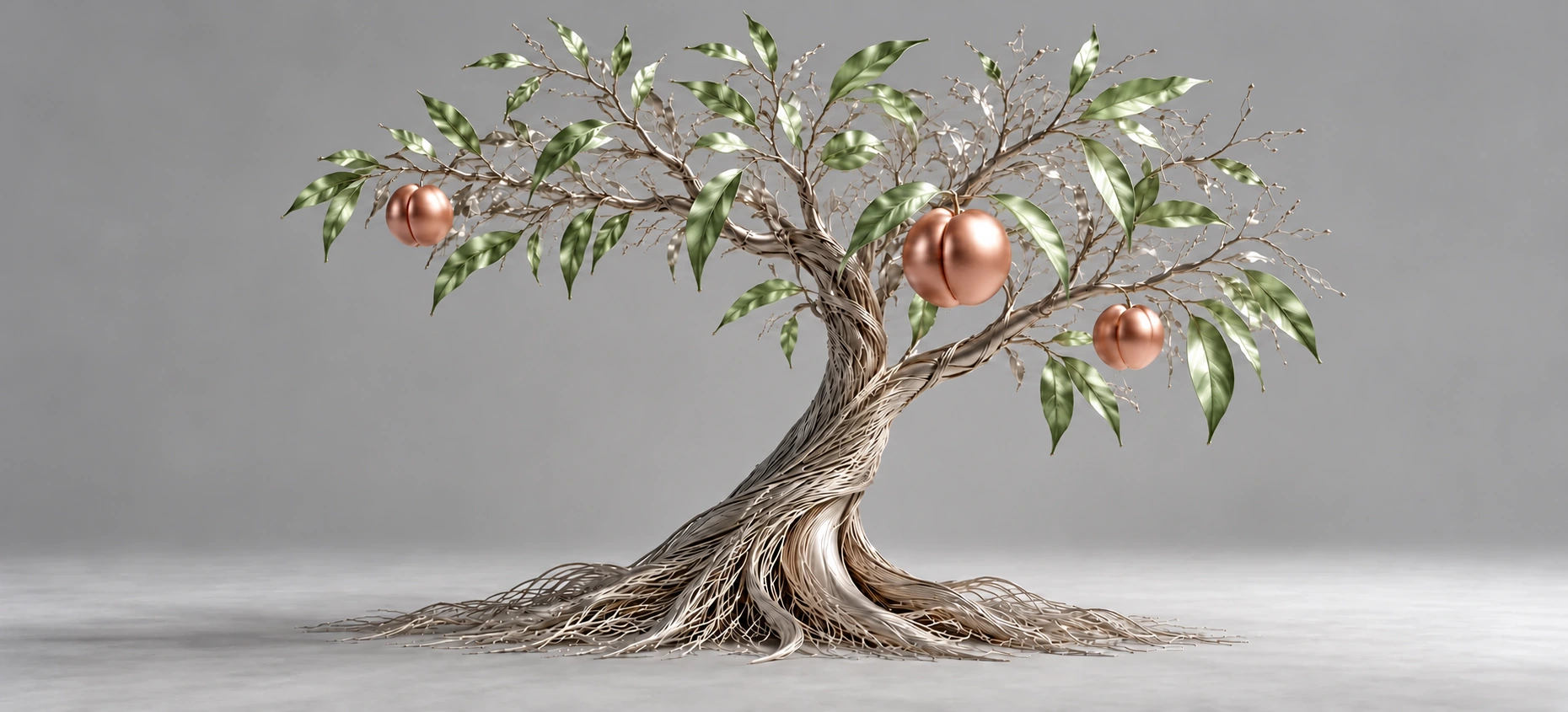 A complete sculptural peach tree with coral-peach metallic fruit, brighter green leaves and spreading silver roots.