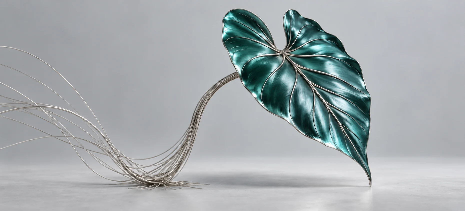 A sculptural elephant-ear leaf with fine veins and delicate strands with color accents.
