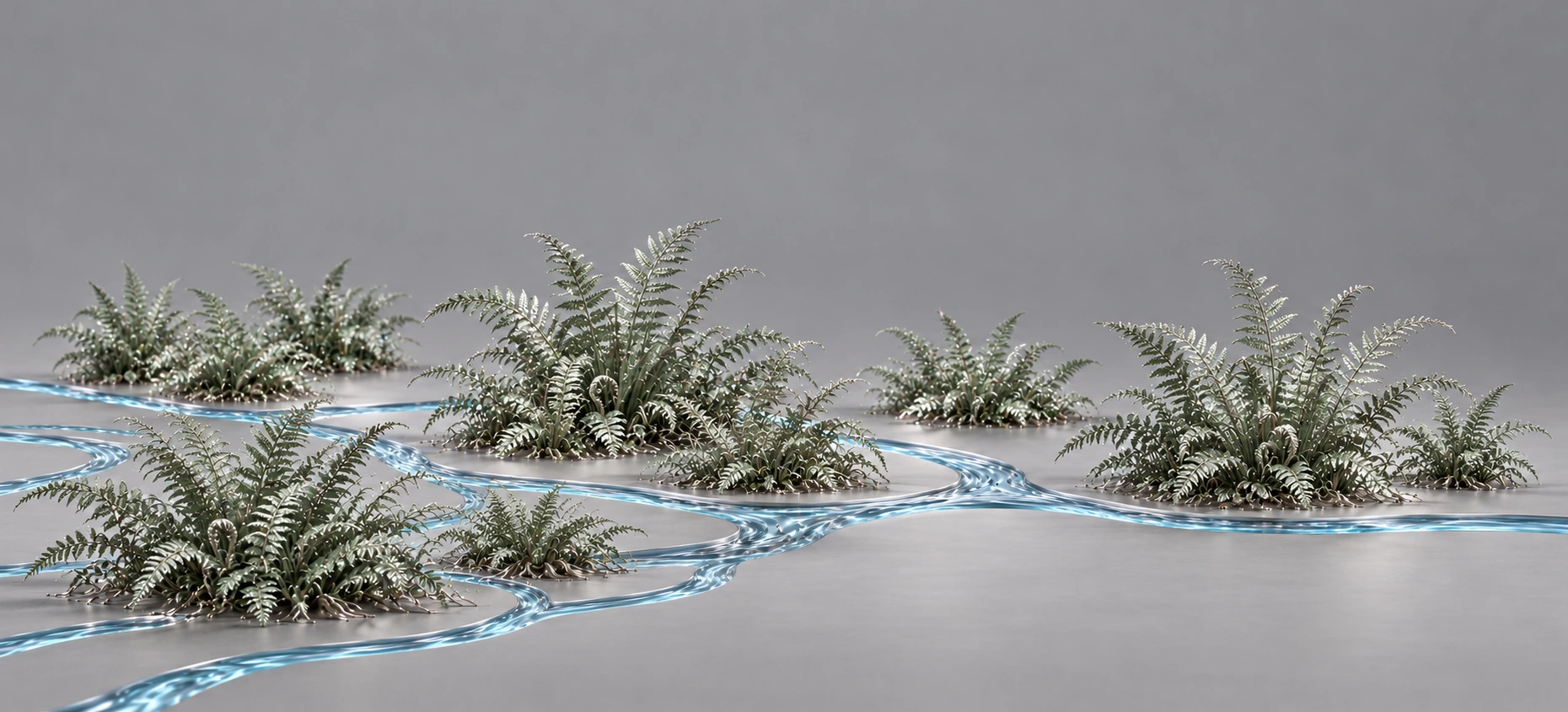 Conceptual metallic fern field with narrow ice-blue streams branching through the lower left and converging into one channel.