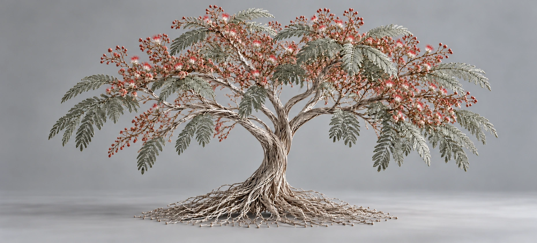A complete sculptural mimosa tree with red and pink powder-puff flowers, sage-green feathery foliage and spreading silver roots.