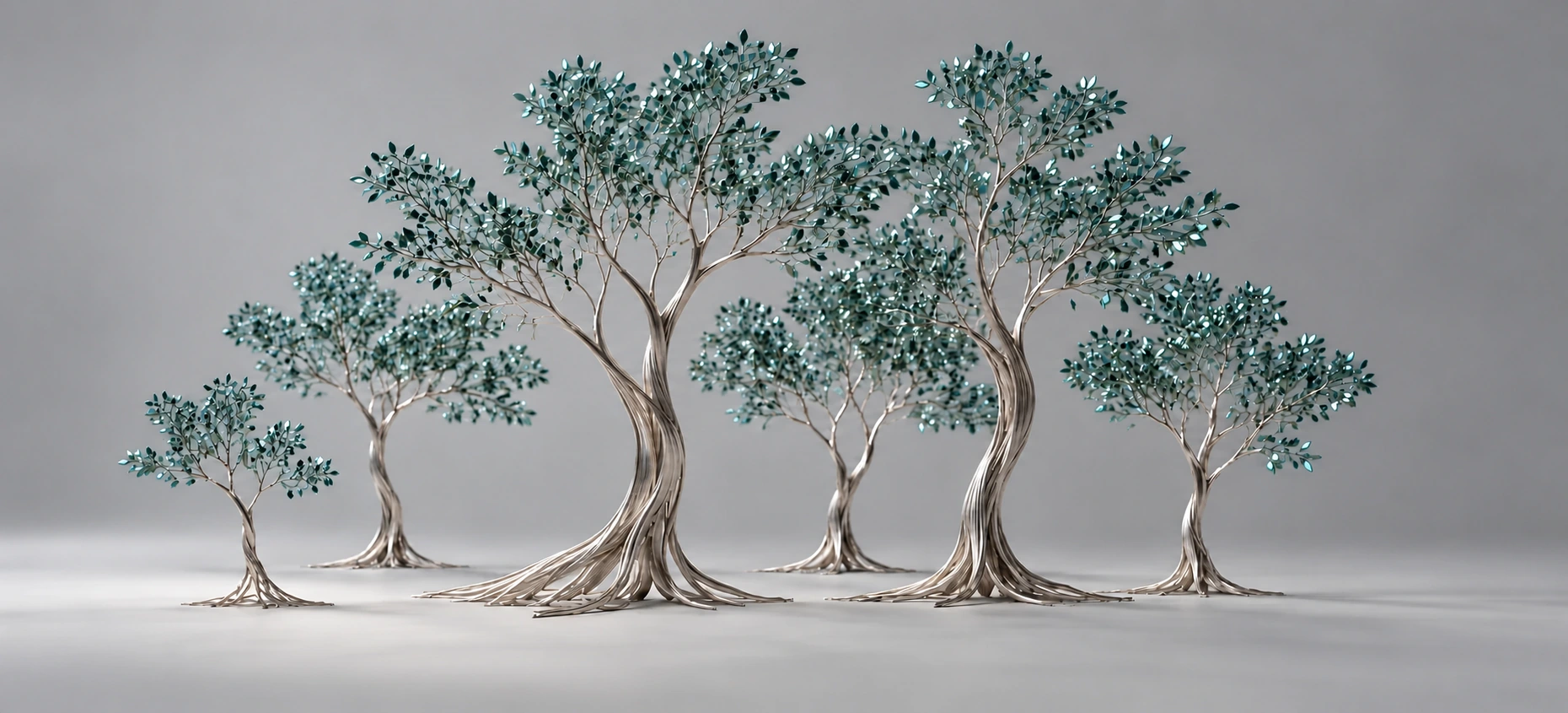 A centered sculptural forest of six trees with teal metallic leaves, silver trunks and spreading roots.